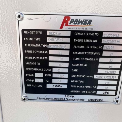 R Power DB22KSE 22KVA, 230/400V Groupe électrogène industriel insonorisé 1500tr/min